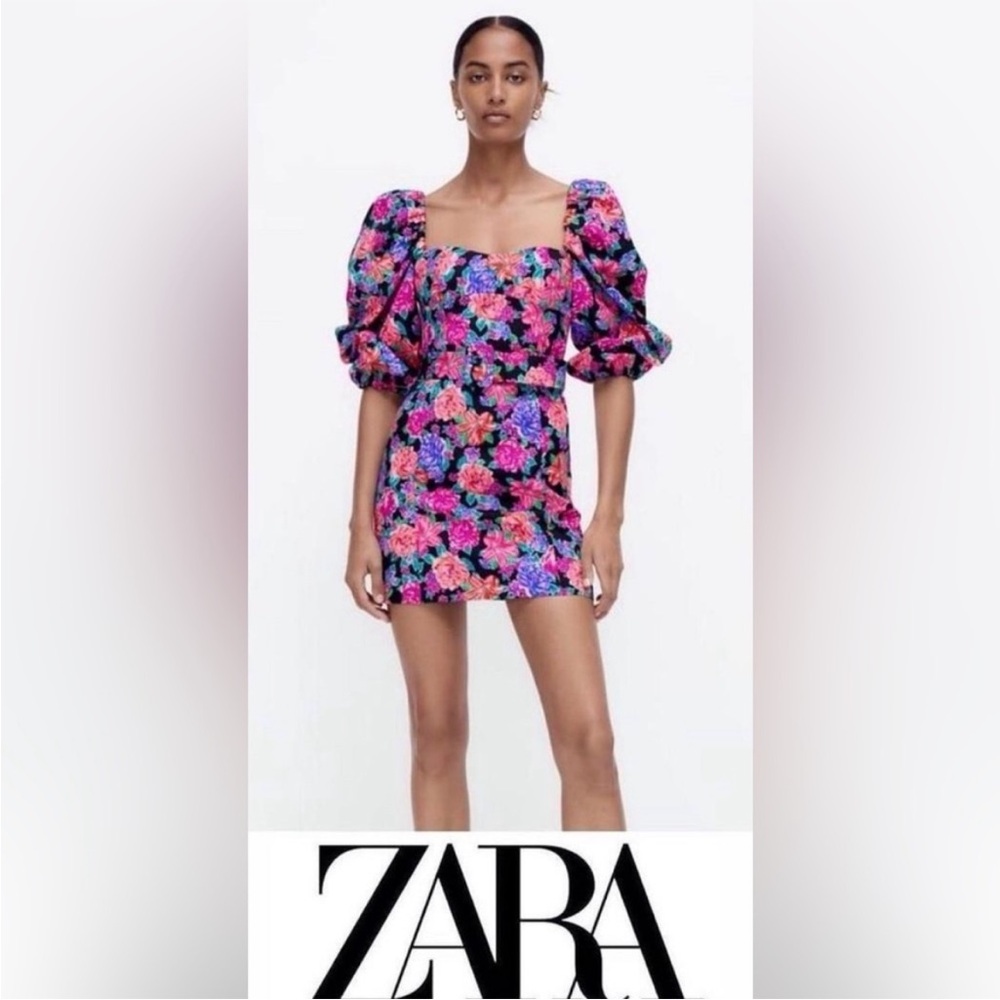 Zara Colorful Floral Puff Sleeve Mini Dress